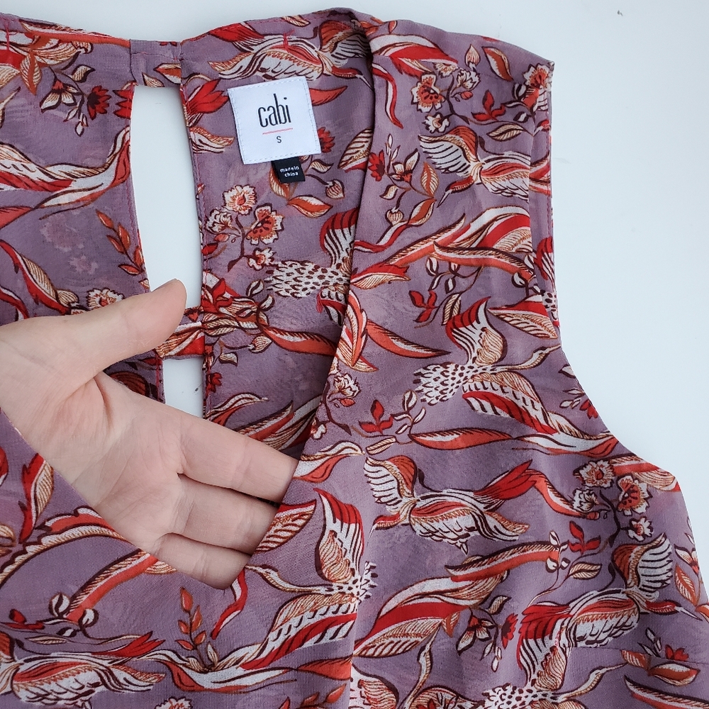 Cabi Small Blouse Good Luck Crane Shirt Mauve Sleeveless Peplum Top Flowy Bows - Picture 4 of 15
